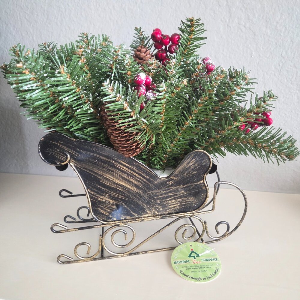National Tree Company Dunhill Fir Santa Sleigh Holiday Decor Berries Cones 10"